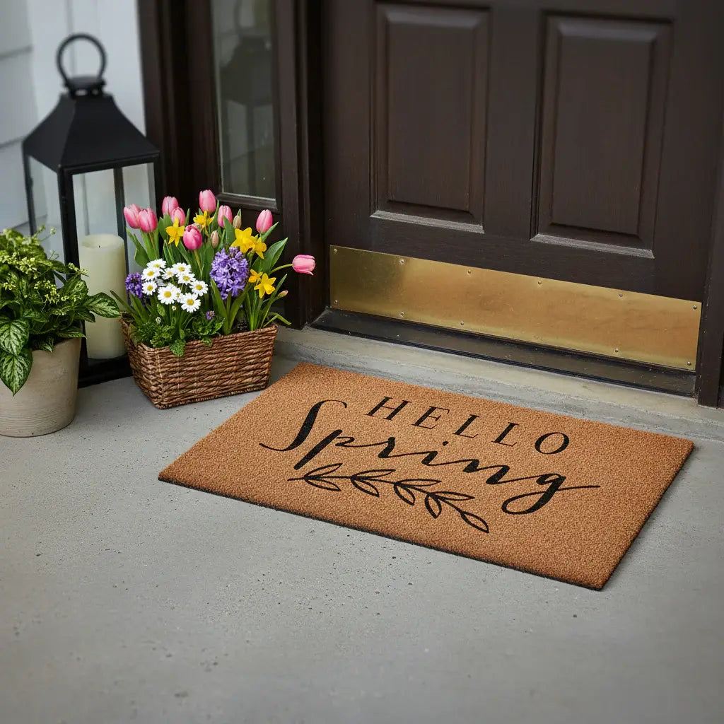 17" X 29" Brown And Black Hello Spring Outdoor Coir Door Mat - Homeroots - Flyclothing LLC