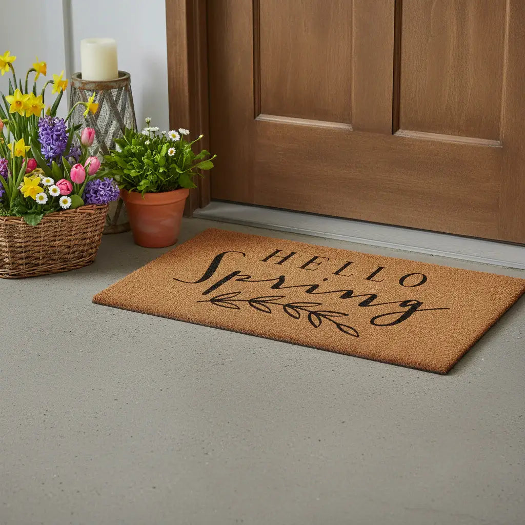 24" X 36" Brown And Black Hello Spring Outdoor Coir Door Mat - Homeroots - Flyclothing LLC