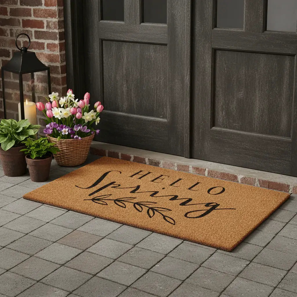 24" X 48" Brown And Black Hello Spring Outdoor Coir Door Mat - Homeroots - Flyclothing LLC