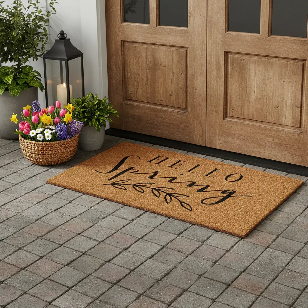 30" X 48" Brown And Black Hello Spring Outdoor Coir Door Mat - Homeroots - Flyclothing LLC