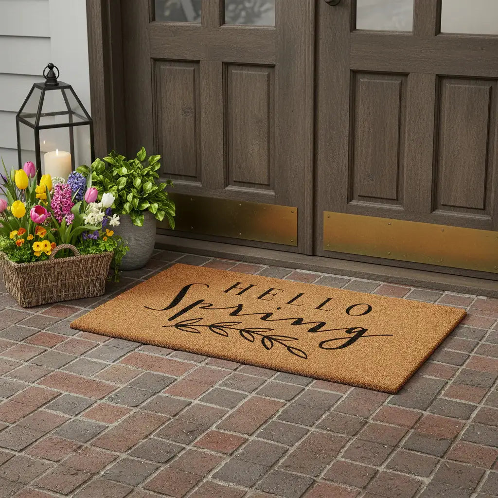 36" X 72" Brown And Black Hello Spring Outdoor Coir Door Mat - Homeroots - Flyclothing LLC