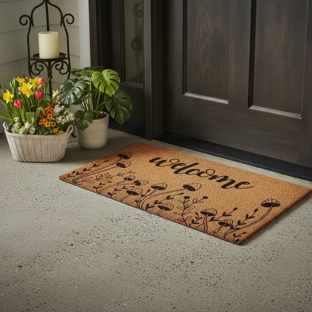 17" X 29" Brown And Black Mushrooms Welcome Outdoor Coir Door Mat - Homeroots - Flyclothing LLC