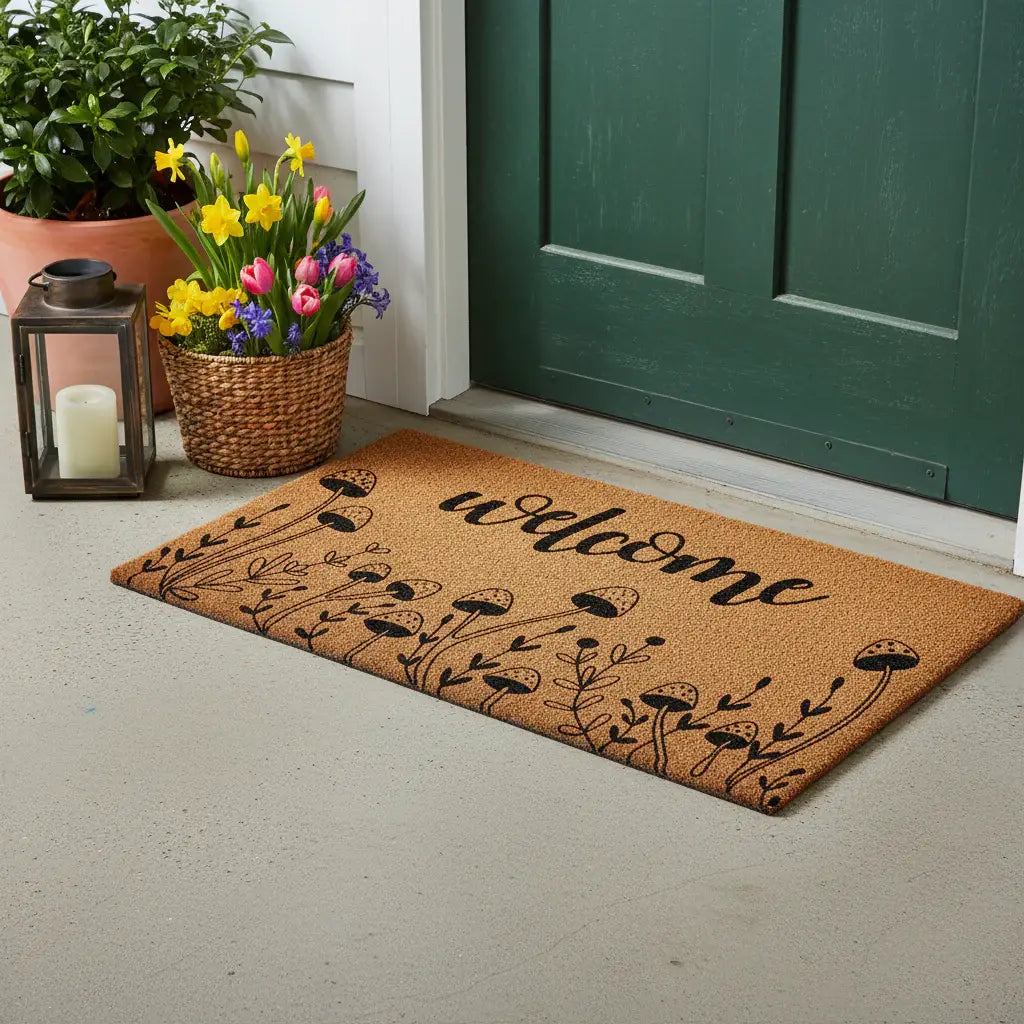 24" X 36" Brown And Black Mushrooms Welcome Outdoor Coir Door Mat - Homeroots - Flyclothing LLC