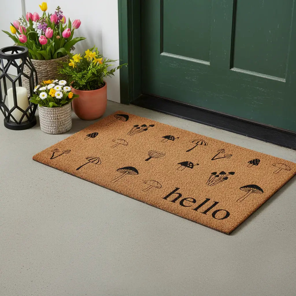 17" X 29" Brown And Black Mushrooms Hello Outdoor Coir Door Mat - Homeroots - Flyclothing LLC