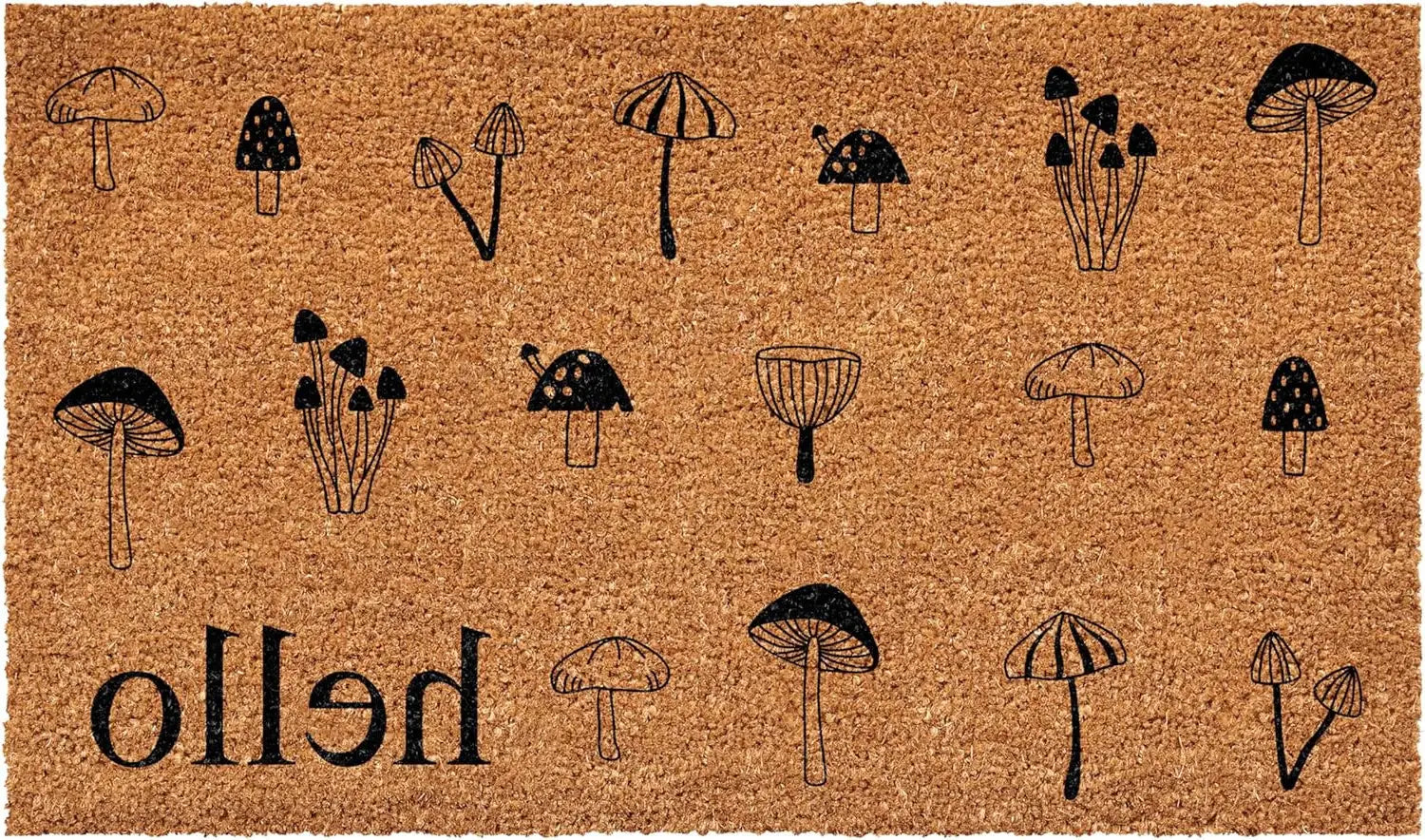 17" X 29" Brown And Black Mushrooms Hello Outdoor Coir Door Mat - Homeroots - Flyclothing LLC