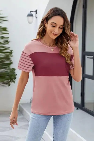 Color Block Round Neck Short Sleeve T-Shirt - Trendsi - Flyclothing LLC