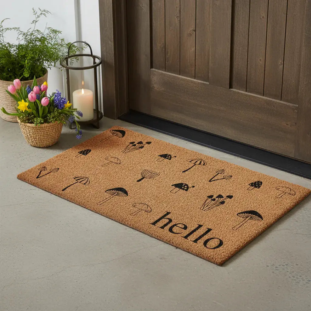 24" X 36" Brown And Black Mushrooms Hello Outdoor Coir Door Mat - Homeroots - Flyclothing LLC
