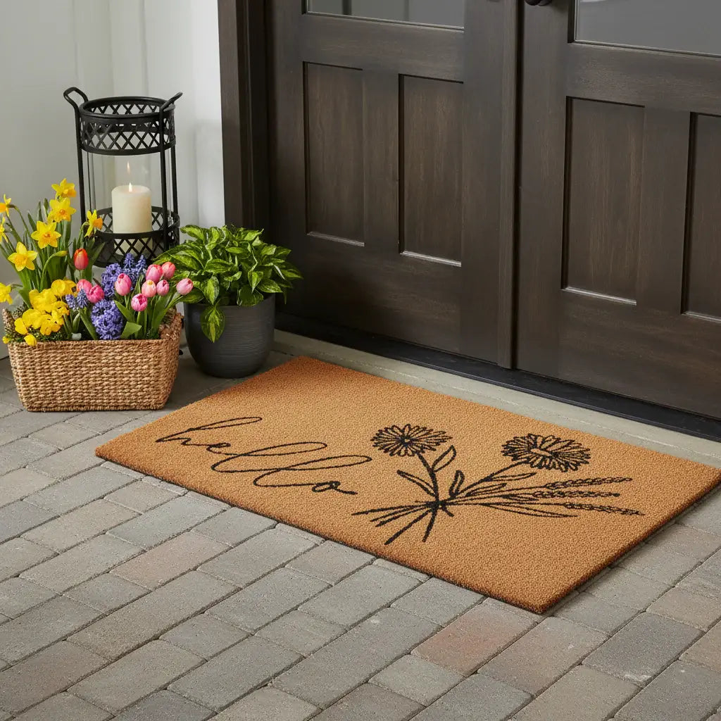24" X 48" Brown And Black Floral Hello Outdoor Coir Door Mat - Homeroots - Flyclothing LLC