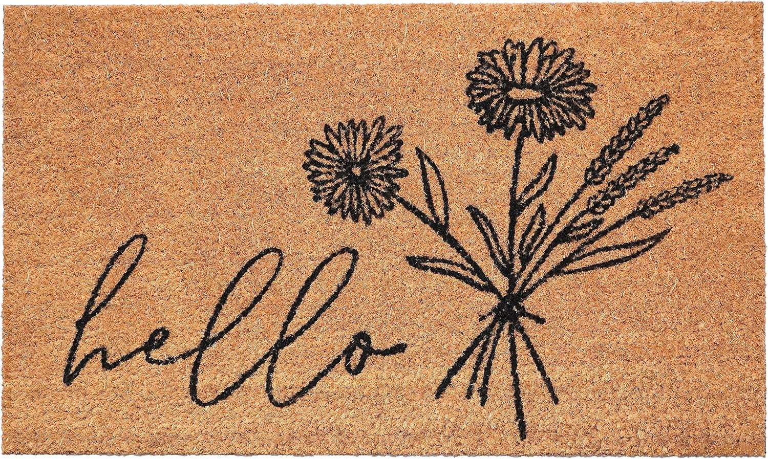 36" X 72" Brown And Black Floral Hello Outdoor Coir Door Mat - Homeroots - Flyclothing LLC