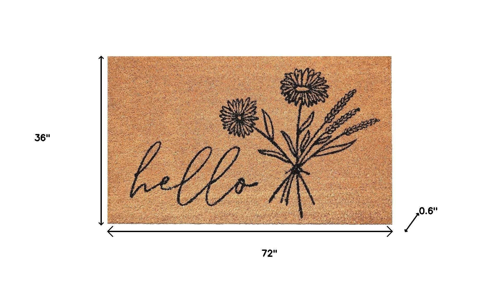 36" X 72" Brown And Black Floral Hello Outdoor Coir Door Mat - Homeroots - Flyclothing LLC