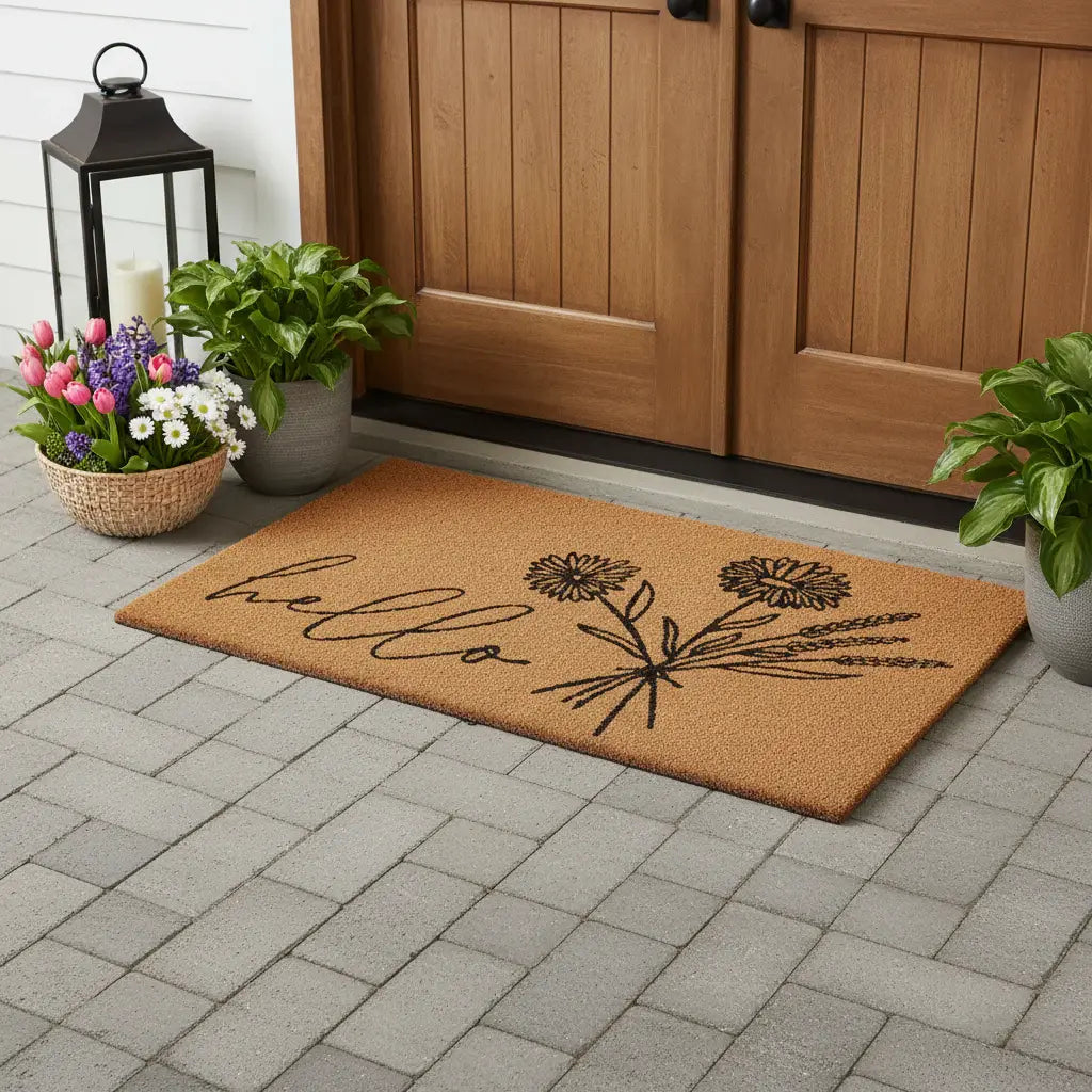 36" X 72" Brown And Black Floral Hello Outdoor Coir Door Mat - Homeroots - Flyclothing LLC
