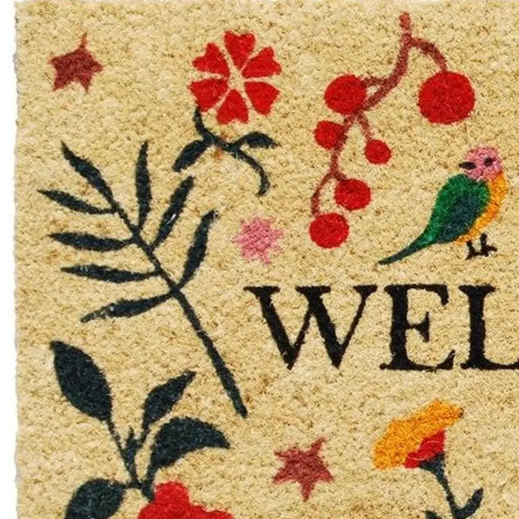 17" X 29" Brown Red Black And Green Floral Birds Welcome Outdoor Coir Door Mat - Homeroots - Flyclothing LLC