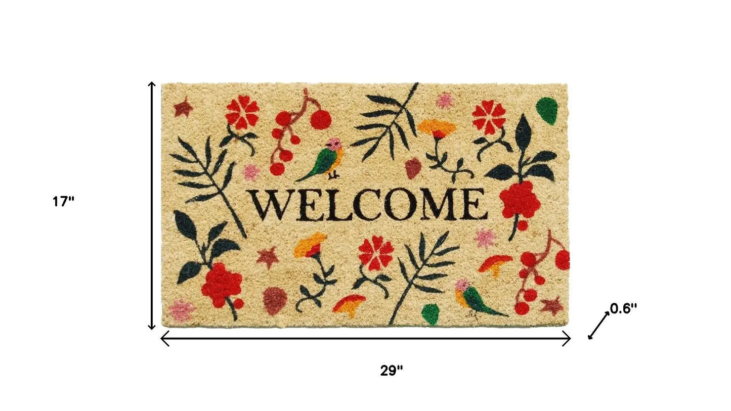 17" X 29" Brown Red Black And Green Floral Birds Welcome Outdoor Coir Door Mat - Homeroots - Flyclothing LLC