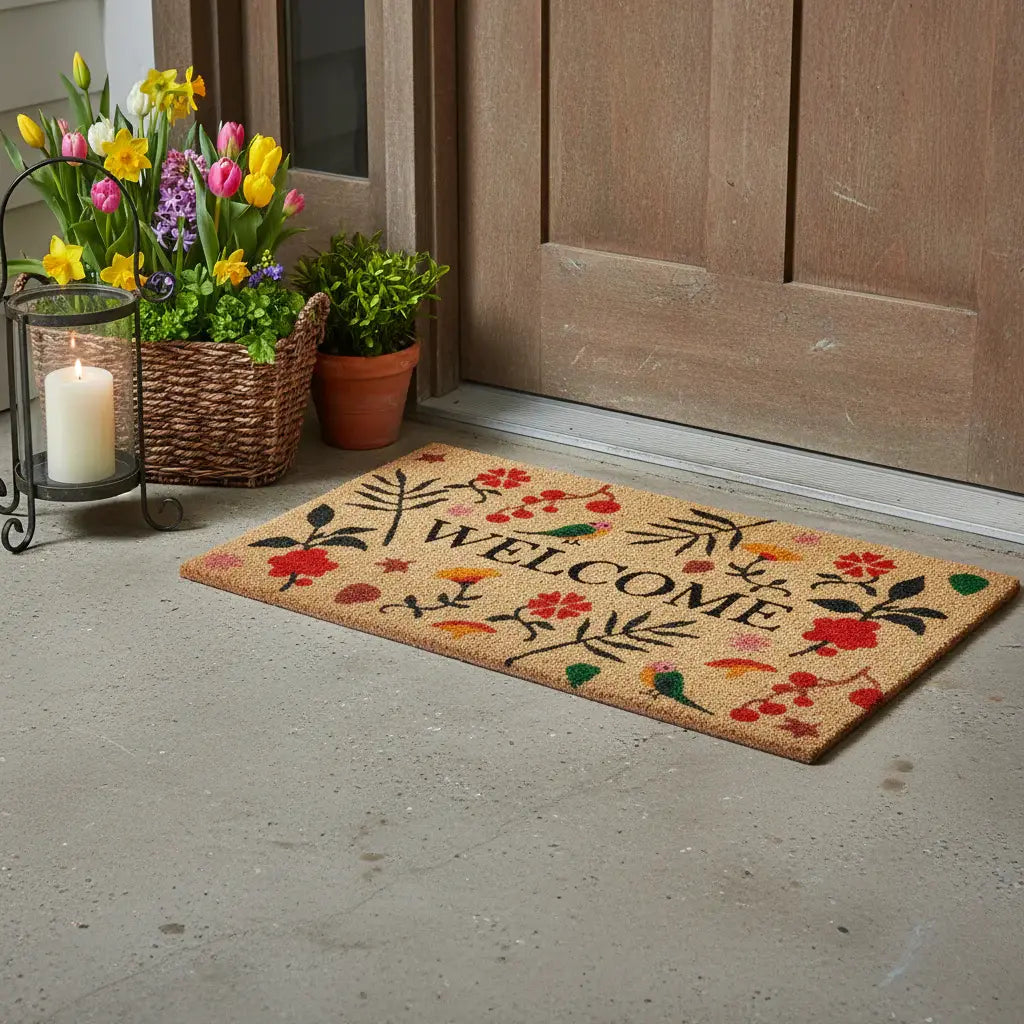 17" X 29" Brown Red Black And Green Floral Birds Welcome Outdoor Coir Door Mat - Homeroots - Flyclothing LLC