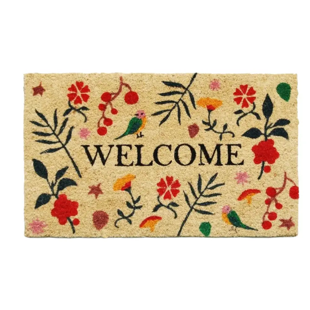 17" X 29" Brown Red Black And Green Floral Birds Welcome Outdoor Coir Door Mat - Homeroots - Flyclothing LLC