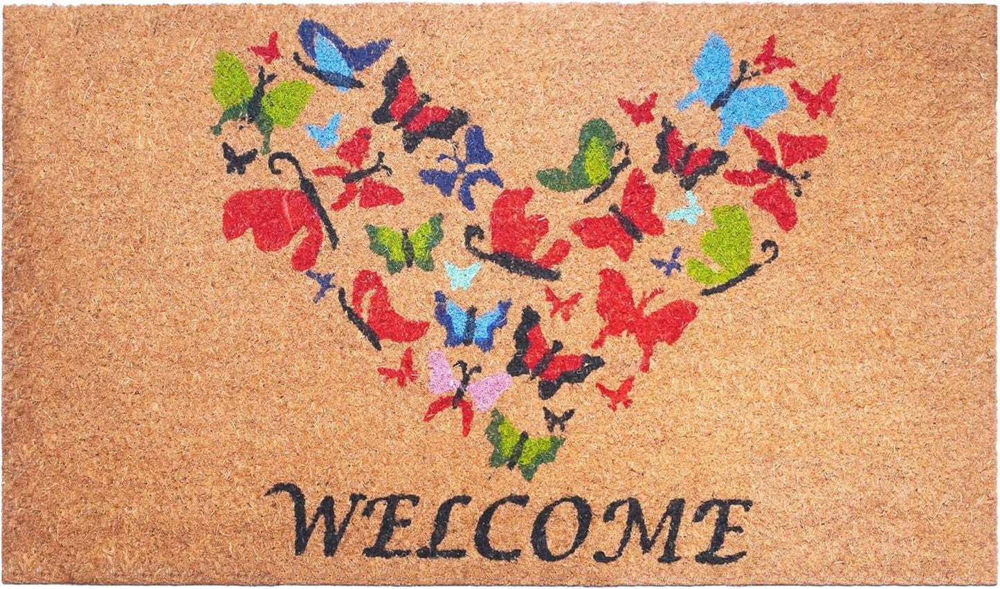 17" X 29" Brown And Red Butterfly Heart Welcome Outdoor Coir Door Mat - Homeroots - Flyclothing LLC