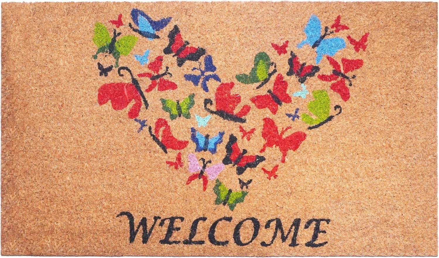 17" X 29" Brown And Red Butterfly Heart Welcome Outdoor Coir Door Mat - Homeroots - Flyclothing LLC