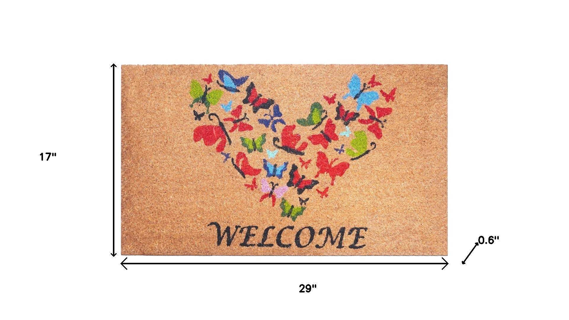 17" X 29" Brown And Red Butterfly Heart Welcome Outdoor Coir Door Mat - Homeroots - Flyclothing LLC