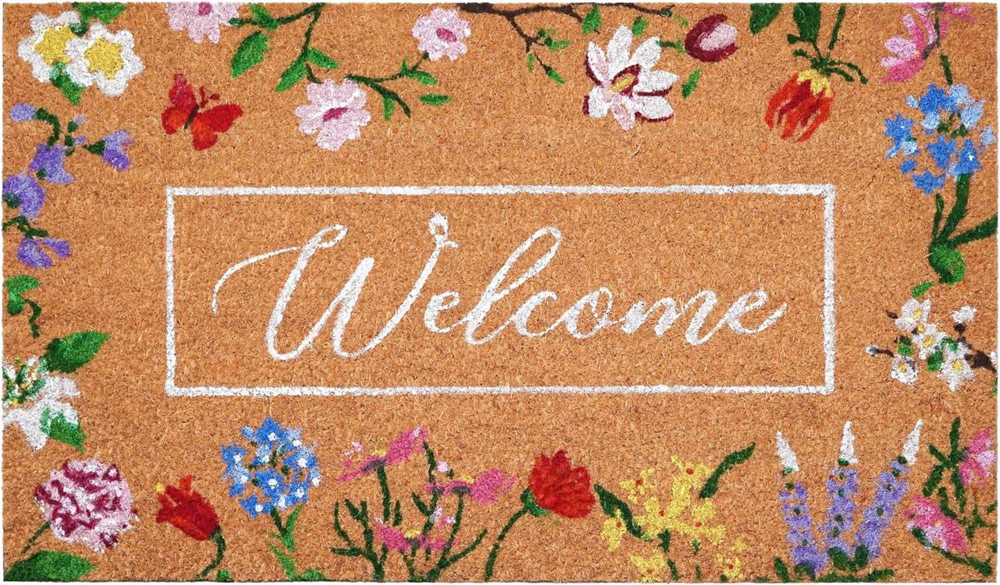 24" X 36" Brown White And Green Floral Welcome Outdoor Coir Door Mat - Homeroots - Flyclothing LLC
