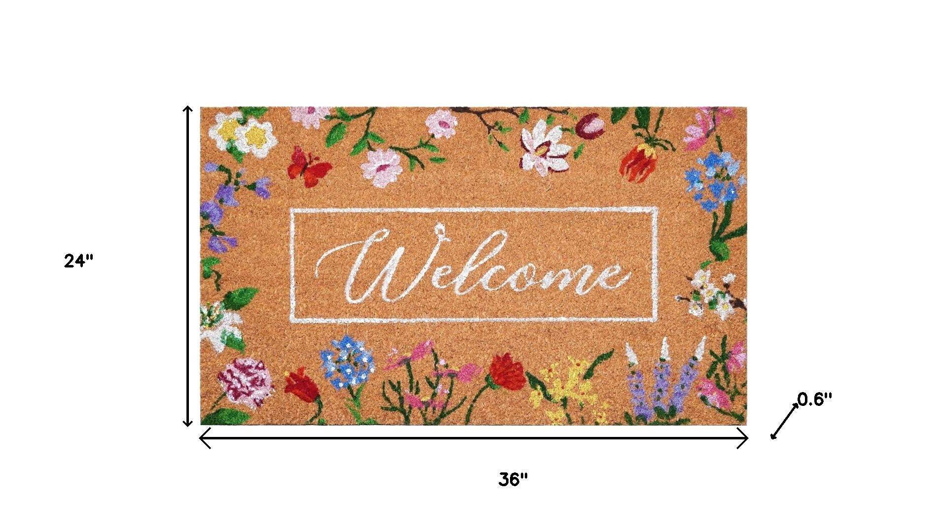 24" X 36" Brown White And Green Floral Welcome Outdoor Coir Door Mat - Homeroots - Flyclothing LLC