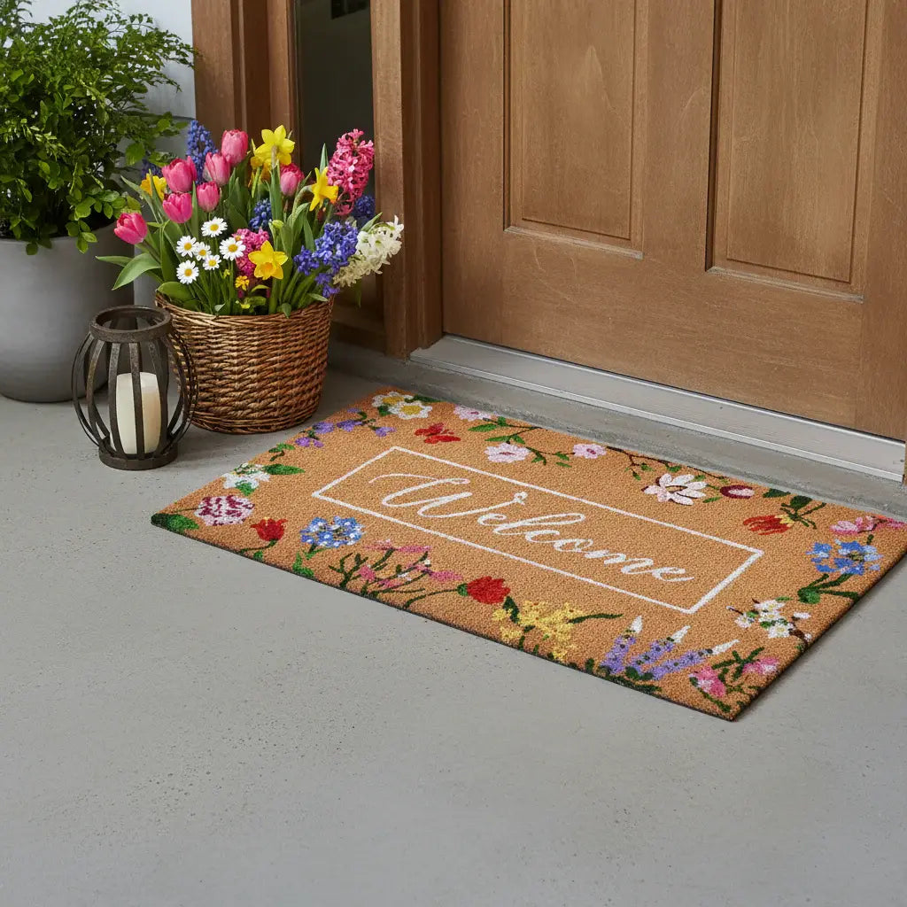 24" X 36" Brown White And Green Floral Welcome Outdoor Coir Door Mat - Homeroots - Flyclothing LLC