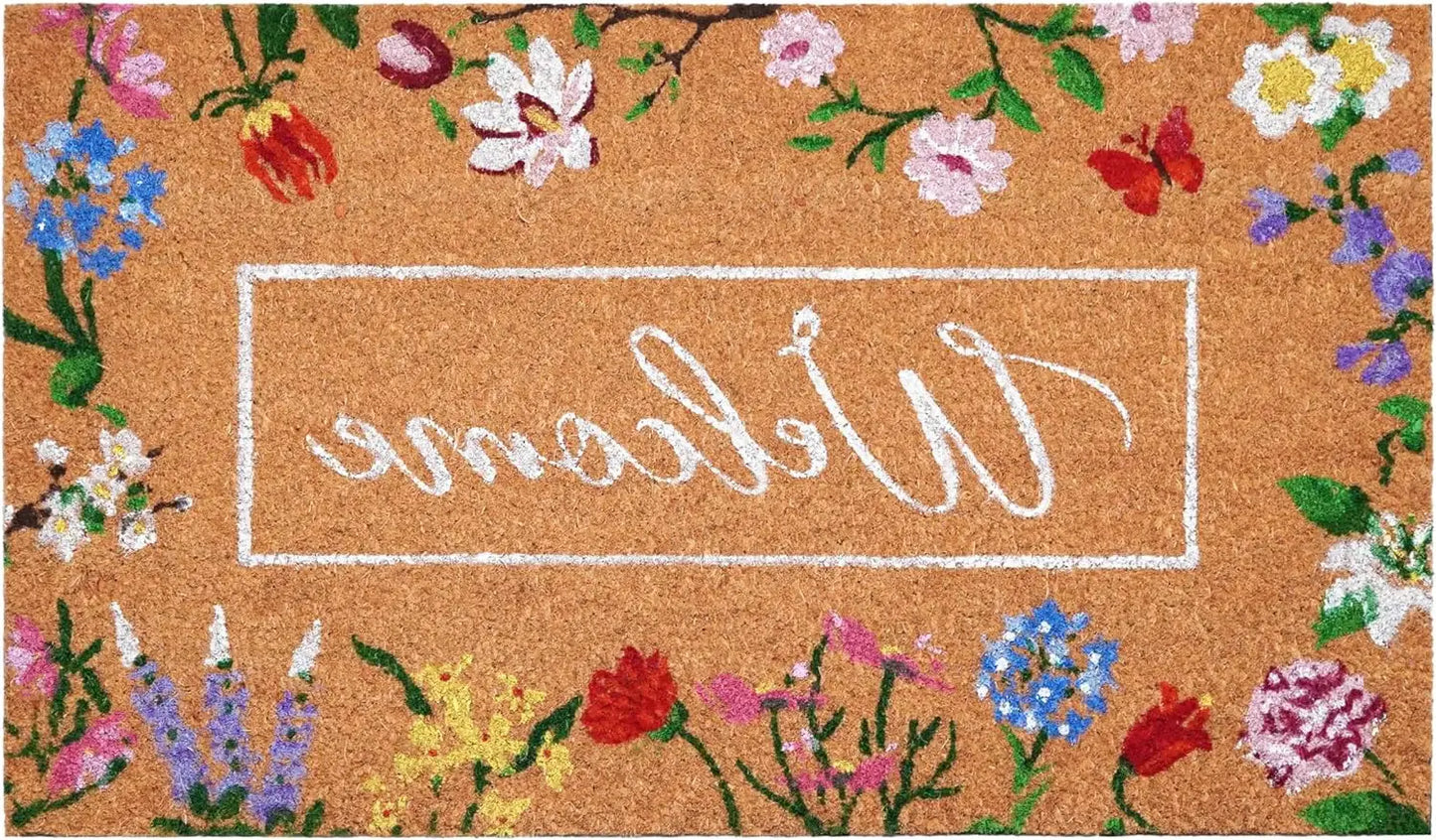 24" X 36" Brown White And Green Floral Welcome Outdoor Coir Door Mat - Homeroots - Flyclothing LLC
