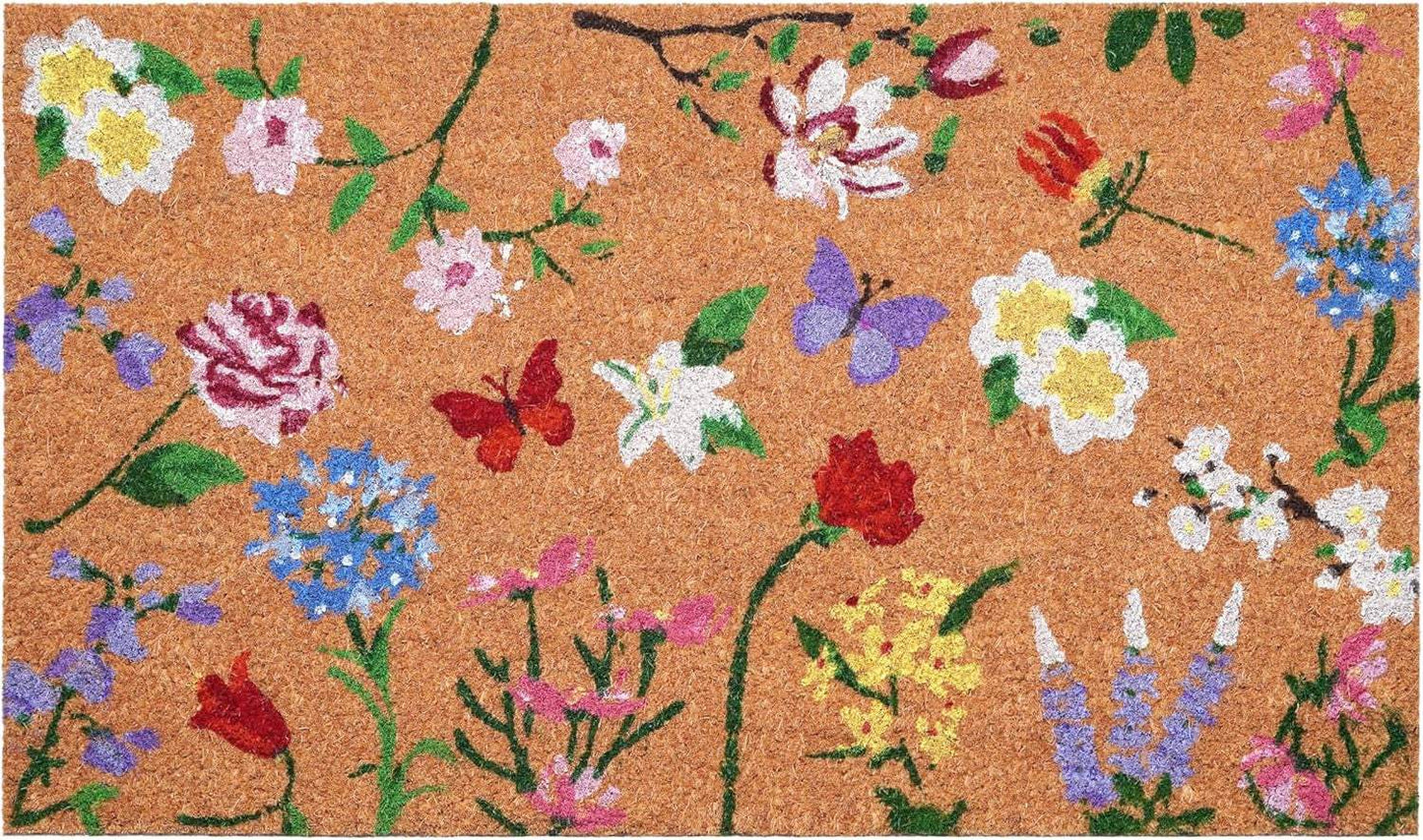 17" X 29" Brown White And Green Floral Outdoor Coir Door Mat - Homeroots - Flyclothing LLC