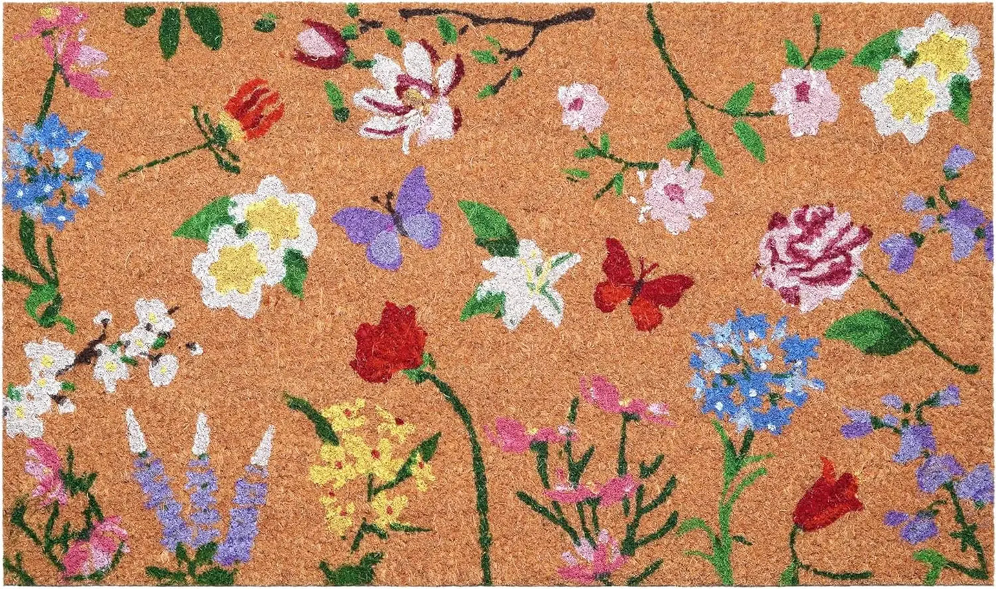 17" X 29" Brown White And Green Floral Outdoor Coir Door Mat - Homeroots - Flyclothing LLC
