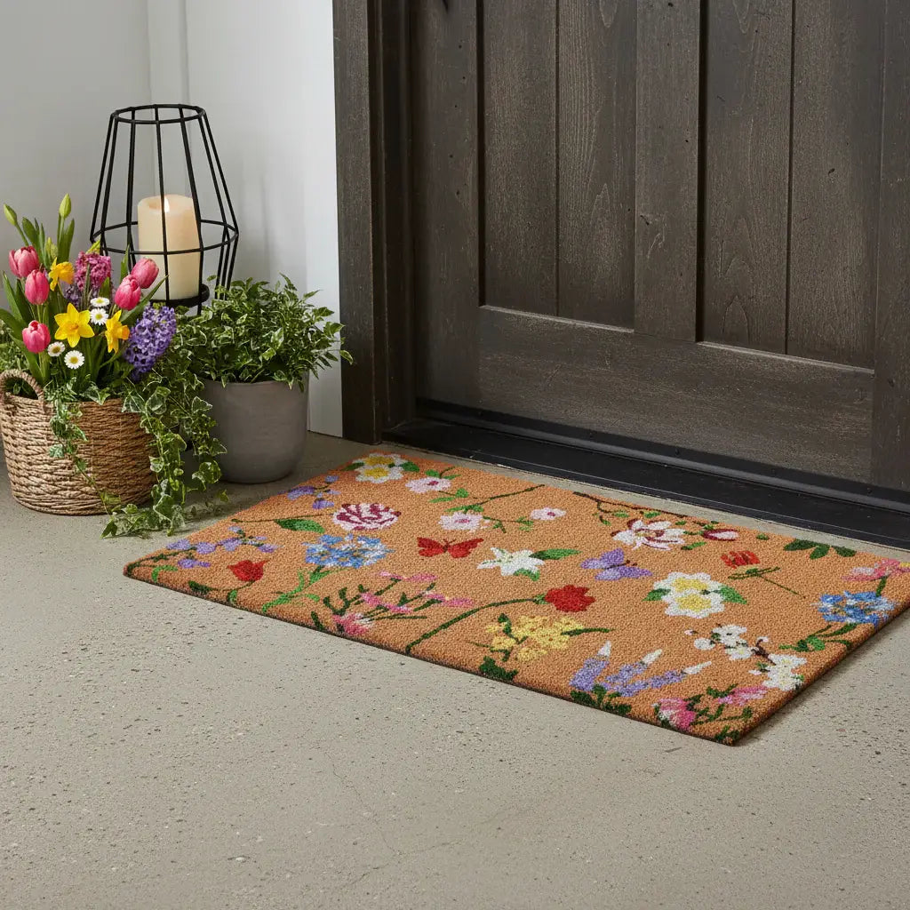 17" X 29" Brown White And Green Floral Outdoor Coir Door Mat - Homeroots - Flyclothing LLC