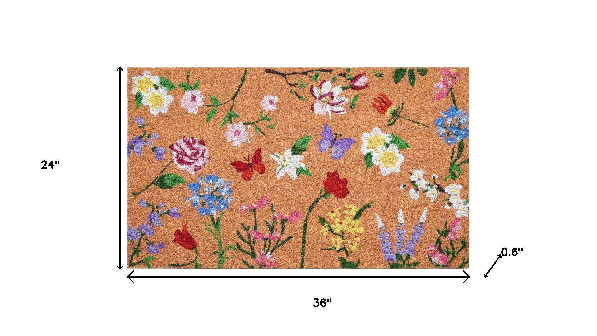 24" X 36" Brown White And Green Floral Outdoor Coir Door Mat - Homeroots - Flyclothing LLC