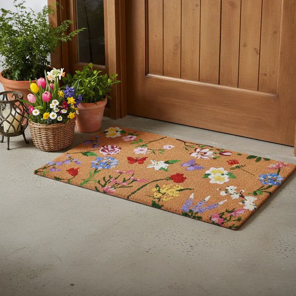 24" X 36" Brown White And Green Floral Outdoor Coir Door Mat - Homeroots - Flyclothing LLC