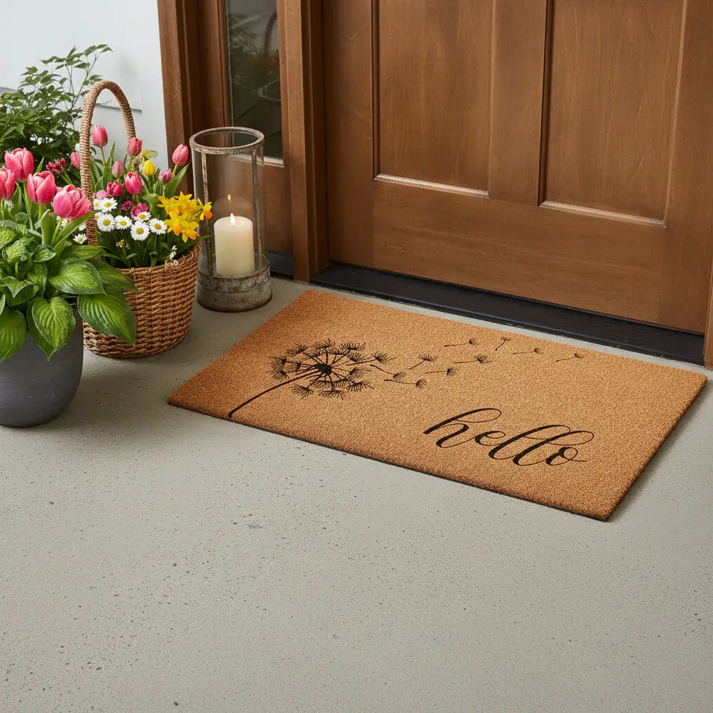 24" X 36" Brown And Black Floral Hello Outdoor Coir Door Mat - Homeroots - Flyclothing LLC