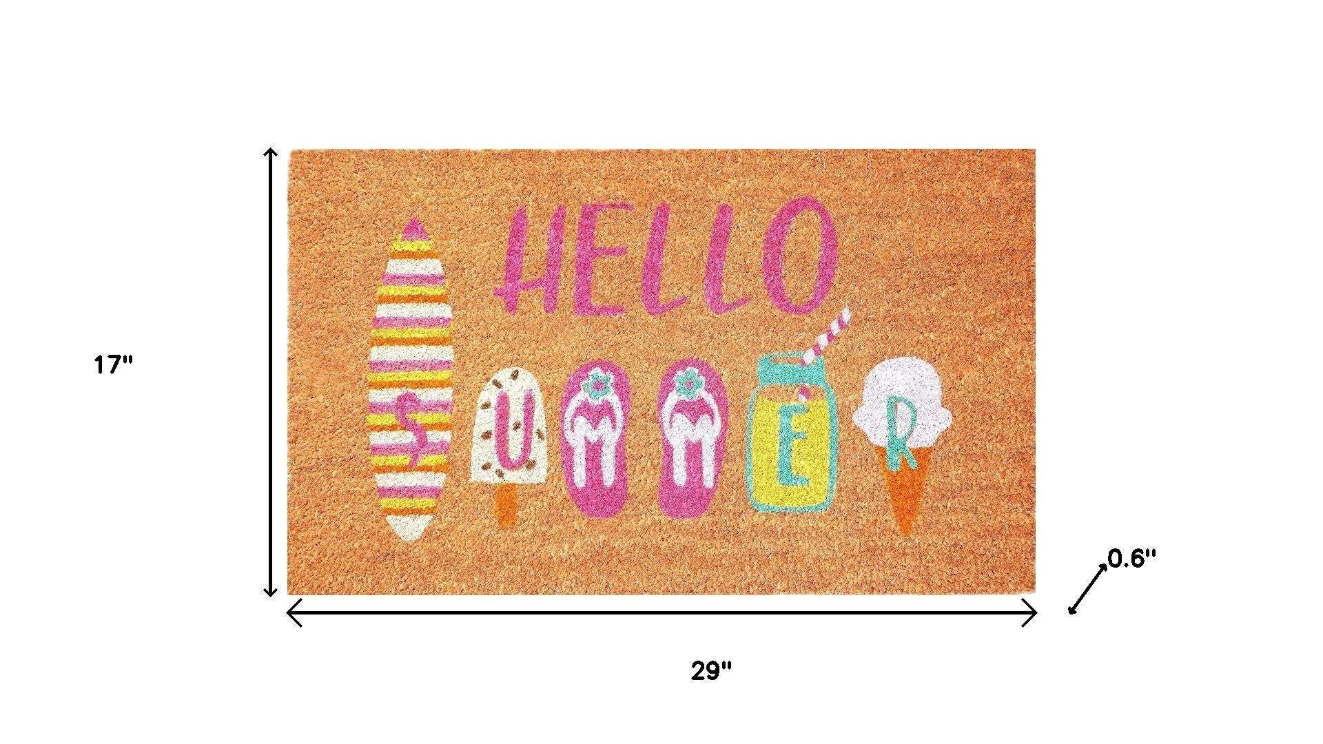 17" X 29" Brown Pink And White Hello Summer Outdoor Coir Door Mat - Homeroots - Flyclothing LLC