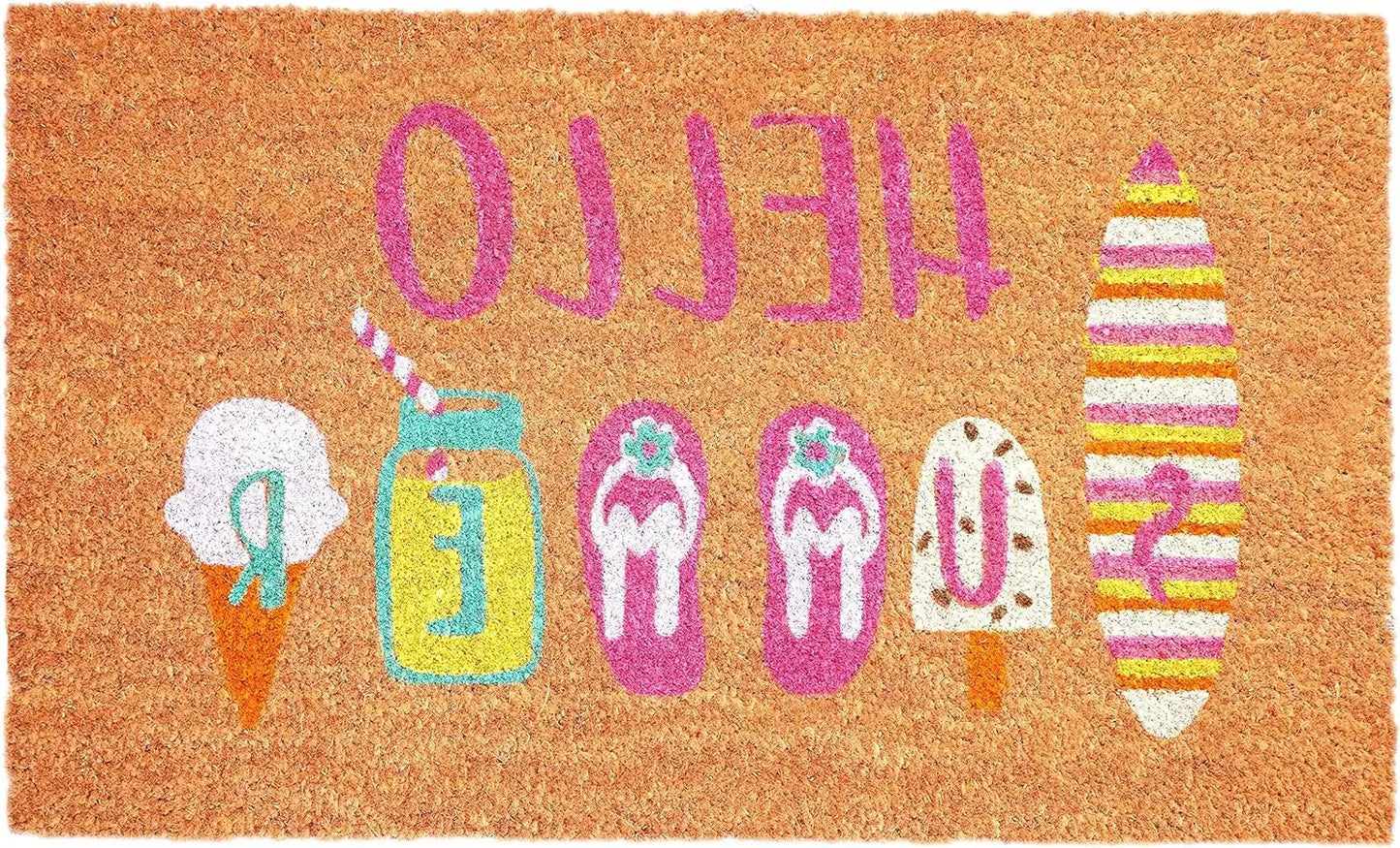 17" X 29" Brown Pink And White Hello Summer Outdoor Coir Door Mat - Homeroots - Flyclothing LLC