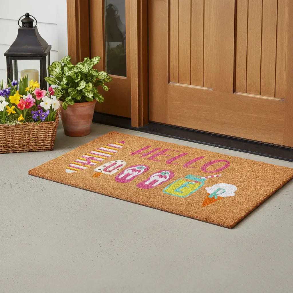 17" X 29" Brown Pink And White Hello Summer Outdoor Coir Door Mat - Homeroots - Flyclothing LLC