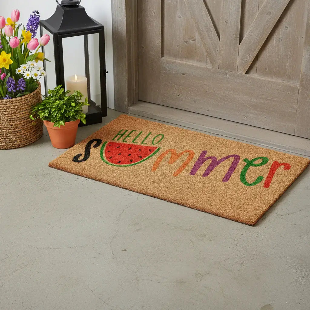 17" X 29" Brown Green And Red Hello Summer Outdoor Coir Door Mat - Homeroots - Flyclothing LLC