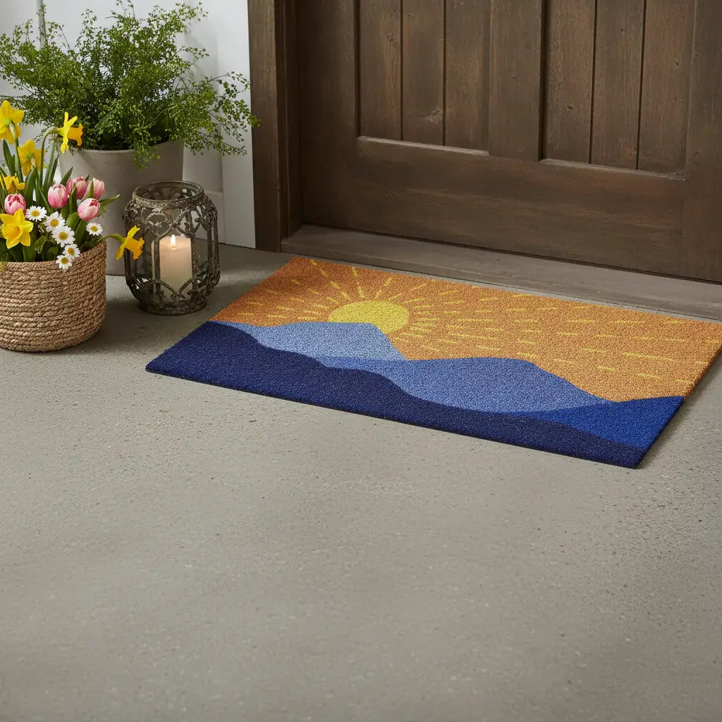 17" X 29" Brown Blue And Yellow Mountain Sunrise Outdoor Coir Door Mat - Homeroots - Flyclothing LLC