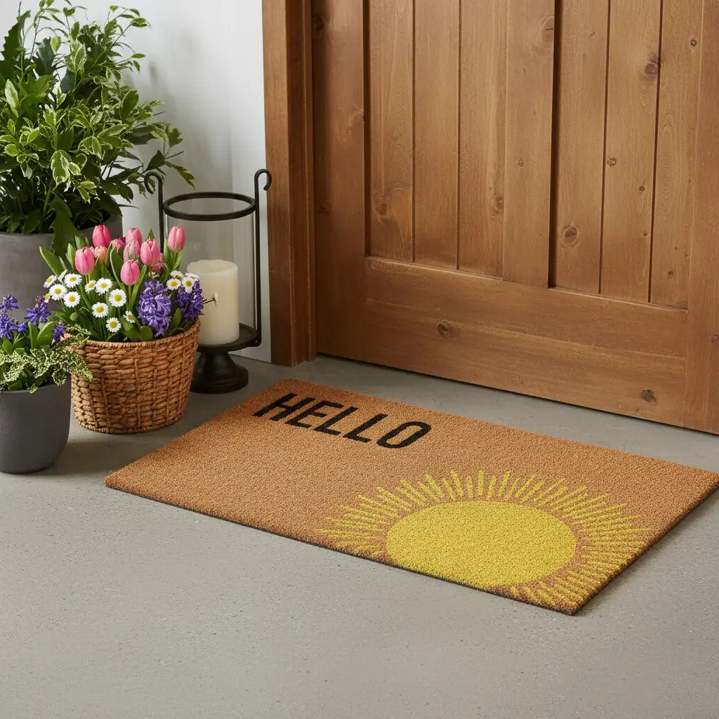 17" X 29" Brown Yellow And Black Sunny Hello Outdoor Coir Door Mat - Homeroots - Flyclothing LLC