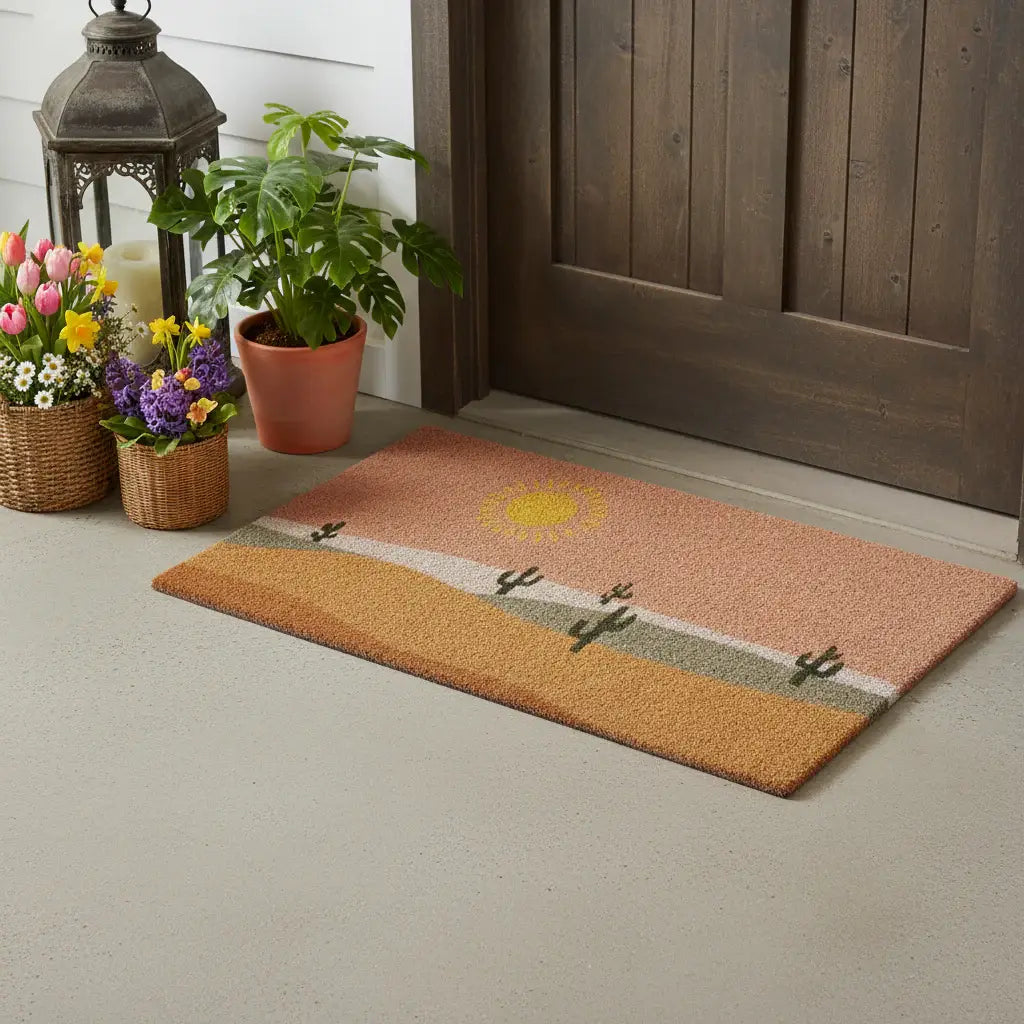 17" X 29" Brown Orange And Yellow Cactus Outdoor Coir Door Mat - Homeroots - Flyclothing LLC