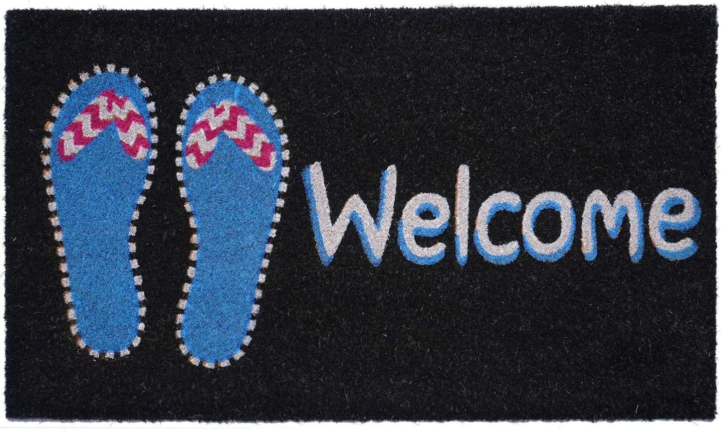 17" X 29" Black And Blue Flip Flop Welcome Outdoor Coir Door Mat - Homeroots - Flyclothing LLC