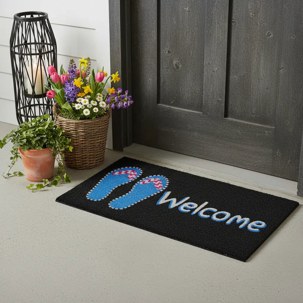 17" X 29" Black And Blue Flip Flop Welcome Outdoor Coir Door Mat - Homeroots - Flyclothing LLC