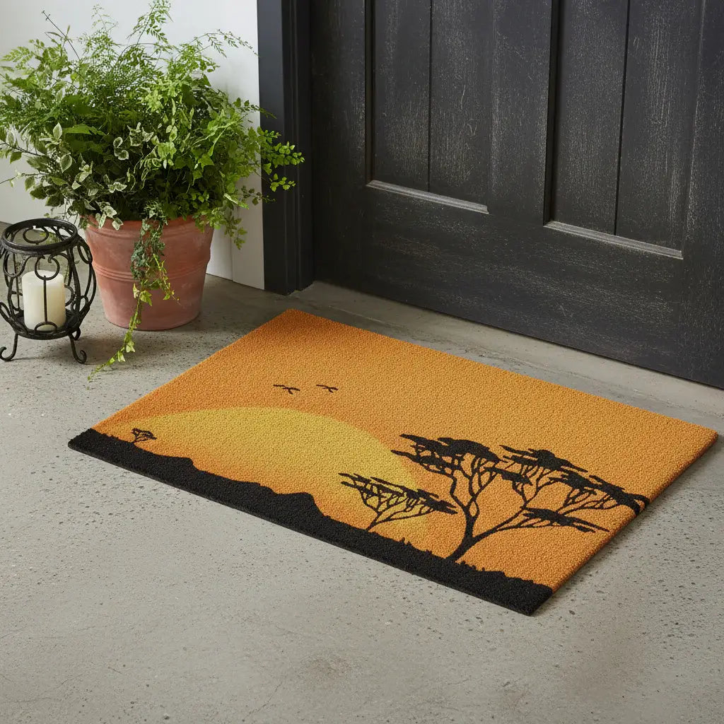 24" X 36" Orange Yellow And Black Sunrise Trees Outdoor Coir Door Mat - Homeroots - Flyclothing LLC