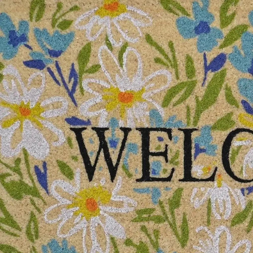 18" X 30" Brown Light Blue And Green Floral Welcome Outdoor Coir Door Mat - Homeroots - Flyclothing LLC