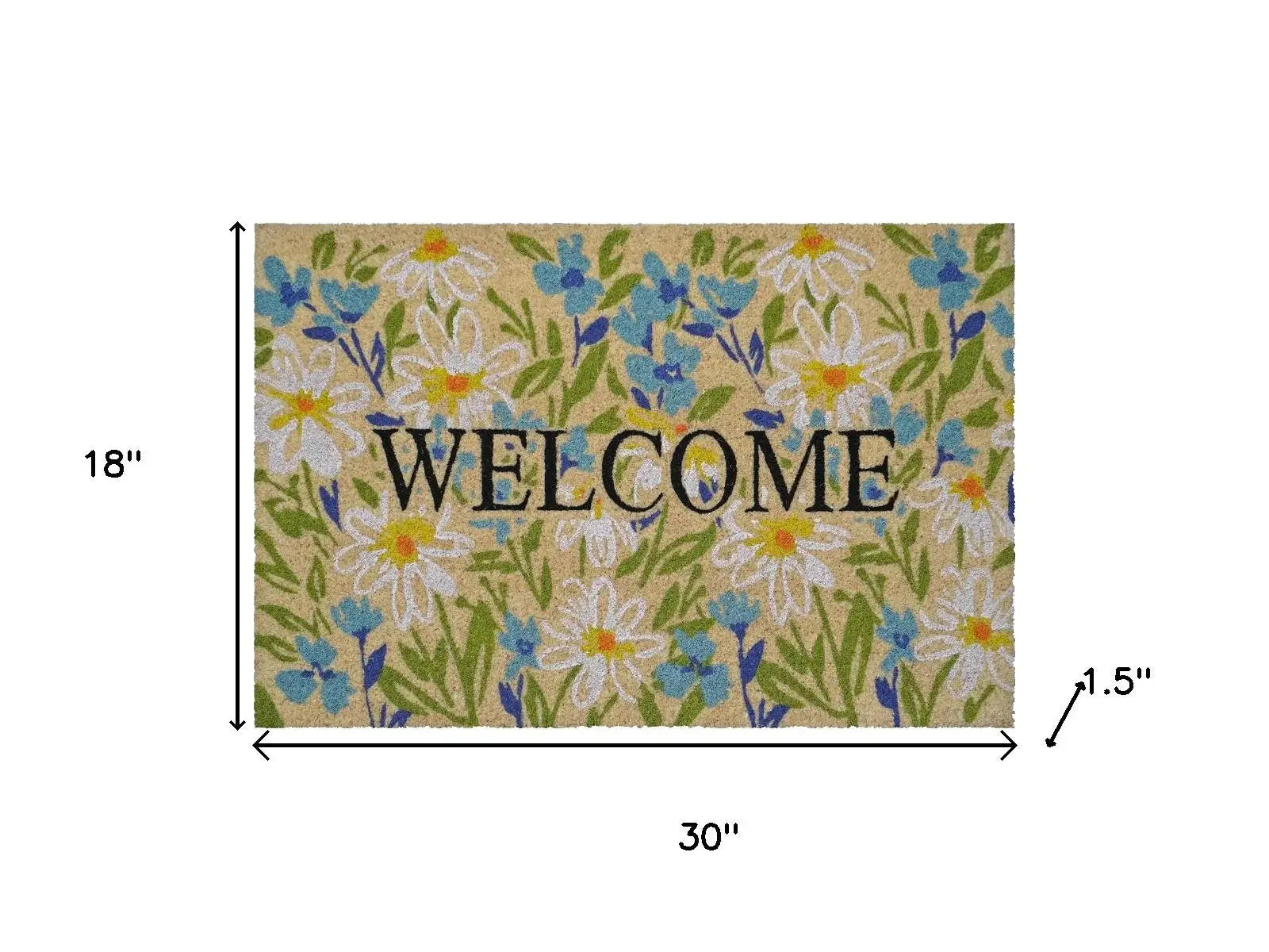 18" X 30" Brown Light Blue And Green Floral Welcome Outdoor Coir Door Mat - Homeroots - Flyclothing LLC