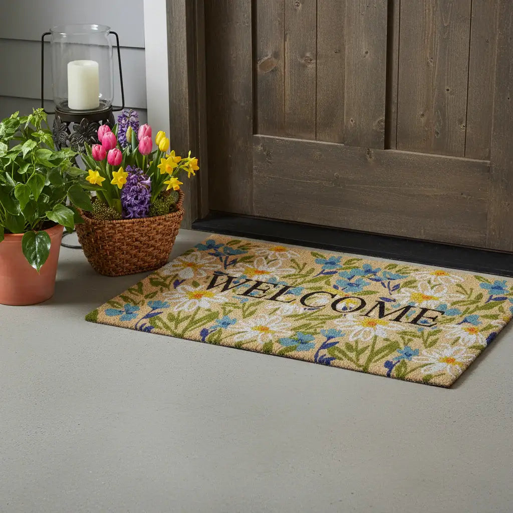 18" X 30" Brown Light Blue And Green Floral Welcome Outdoor Coir Door Mat - Homeroots - Flyclothing LLC