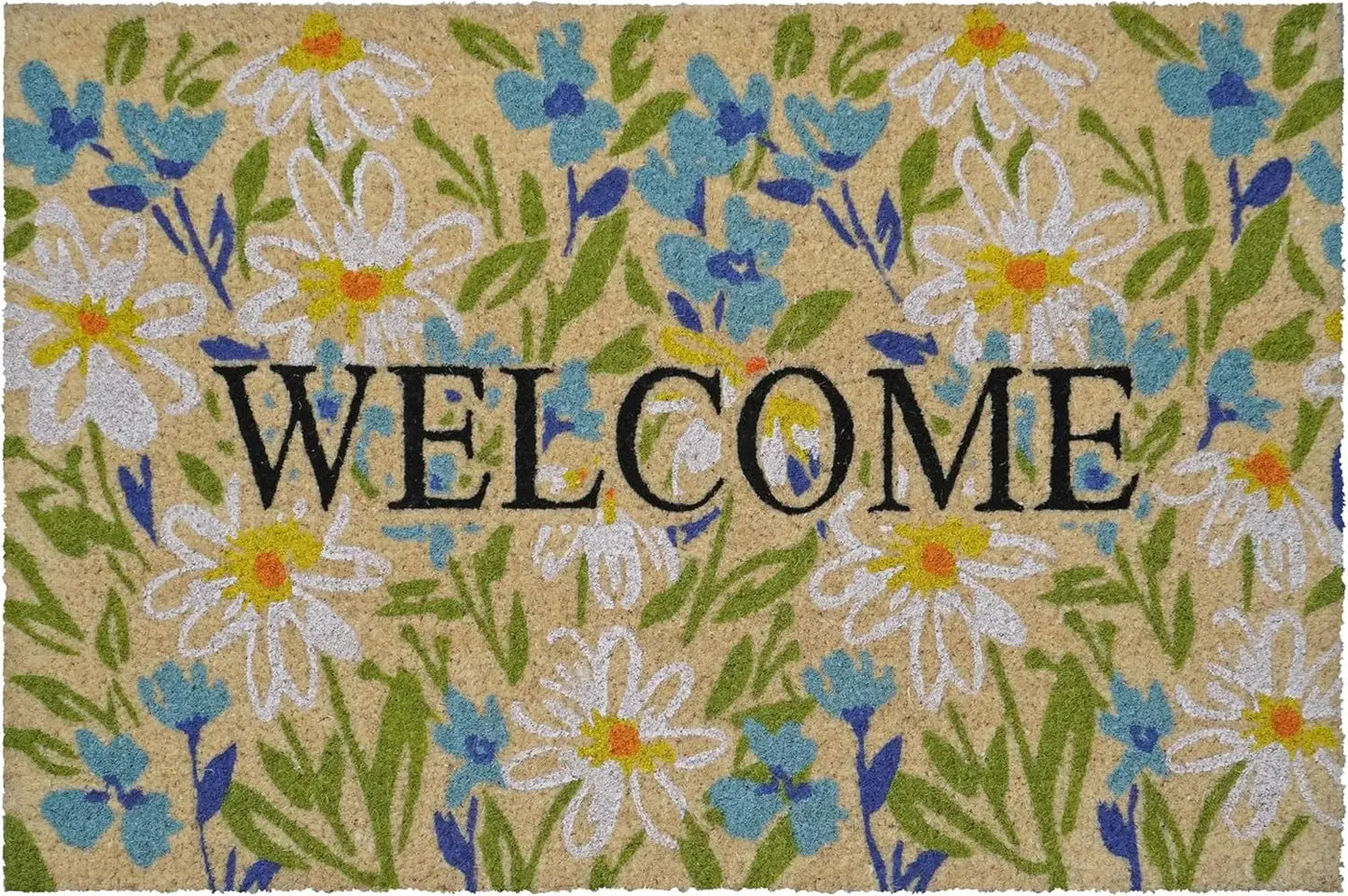 24" X 36" Brown Light Blue And Green Floral Welcome Outdoor Coir Door Mat - Homeroots - Flyclothing LLC