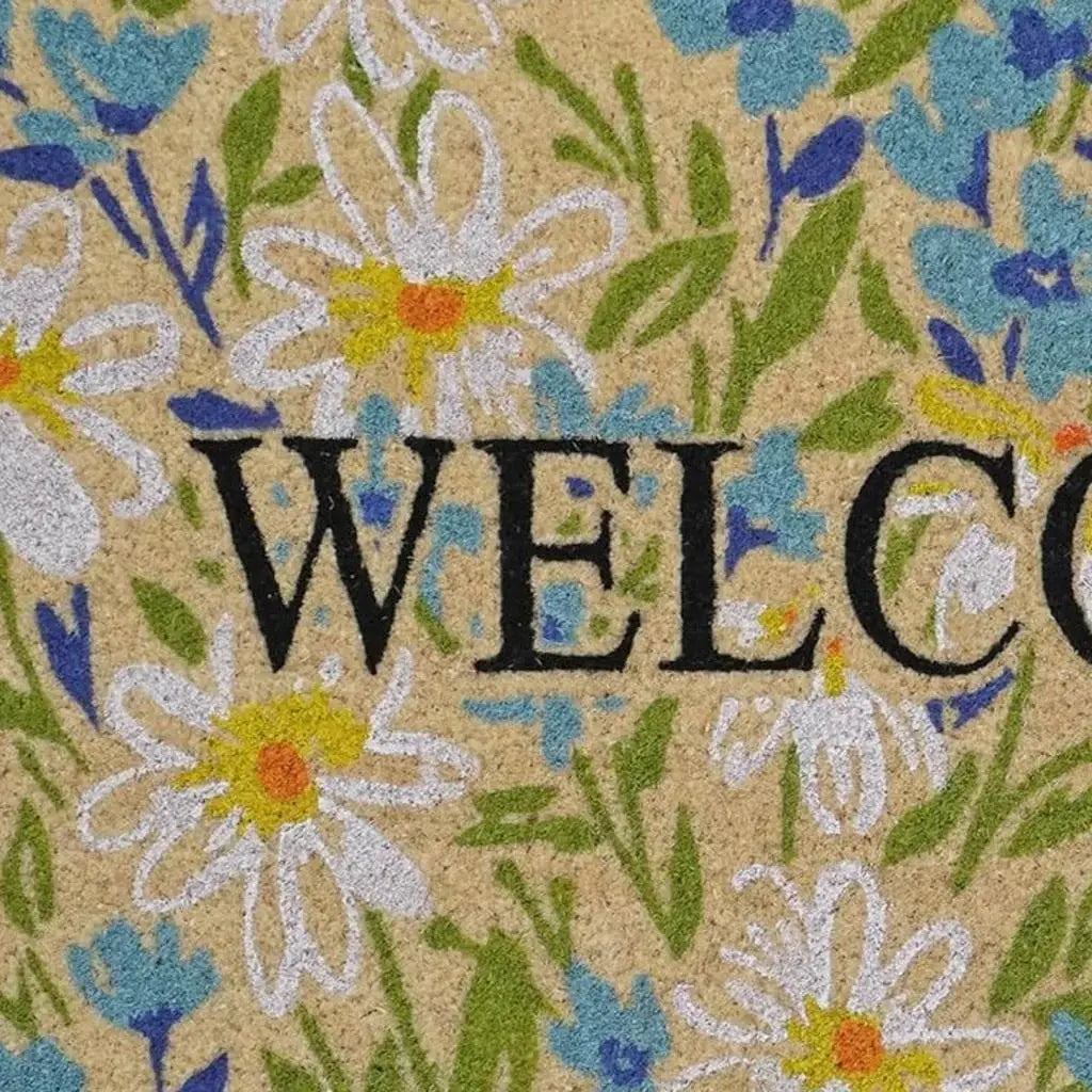 24" X 36" Brown Light Blue And Green Floral Welcome Outdoor Coir Door Mat - Homeroots - Flyclothing LLC