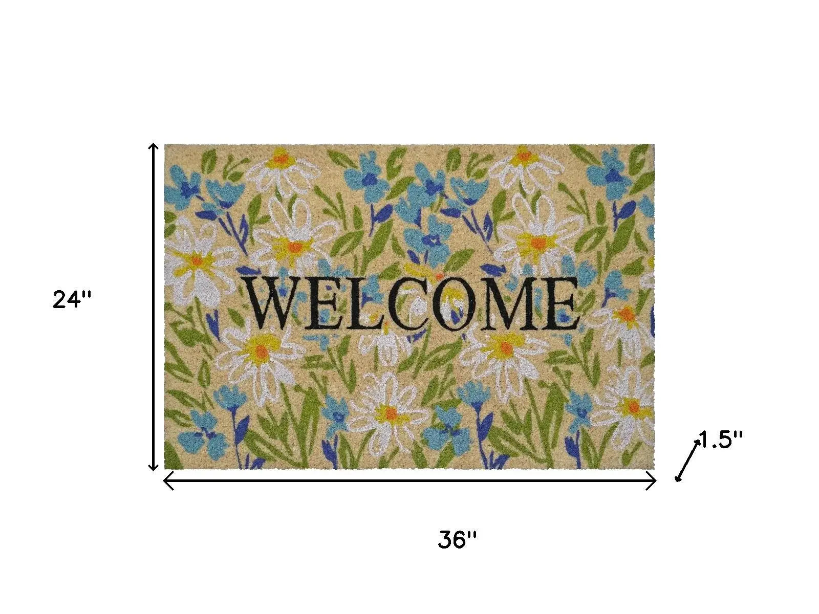 24" X 36" Brown Light Blue And Green Floral Welcome Outdoor Coir Door Mat - Homeroots - Flyclothing LLC
