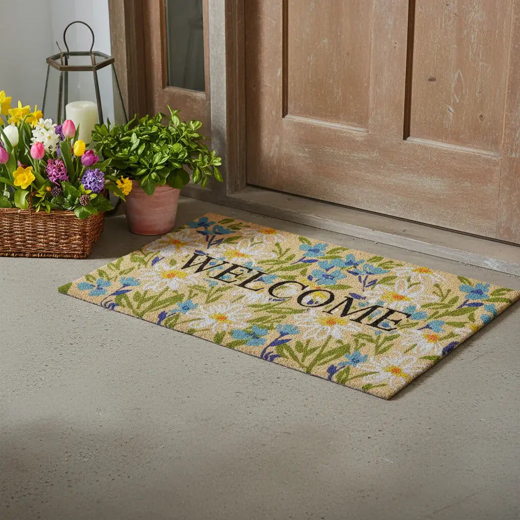 24" X 36" Brown Light Blue And Green Floral Welcome Outdoor Coir Door Mat - Homeroots - Flyclothing LLC