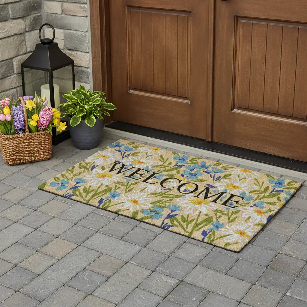 36" X 72" Brown Light Blue And Green Floral Welcome Outdoor Coir Door Mat - Homeroots - Flyclothing LLC